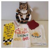 Vintage Artist Signed "Cats by Nina" Hand Painted Ceramic Cat Tray - and Kitchen & Vintage Tea Towels