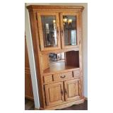 Large Oak Corner China/Sideboard Cabinet - Under Storage with 1 Silver Drawer - Lighted Top Section with Adjustable Glass Shelf and Leaded Glass Doors & Mirrored Back - 30in W x 30in L x 25in D from C