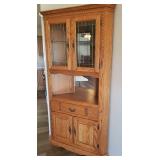 Large Oak Corner China/Sideboard Cabinet - Under Storage with 1 Silver Drawer - Lighted Top Section with Adjustable Glass Shelf and Leaded Glass Doors & Mirrored Back - 30in W x 30in L x 25in D from C