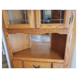 Large Oak Corner China/Sideboard Cabinet - Under Storage with 1 Silver Drawer - Lighted Top Section with Adjustable Glass Shelf and Leaded Glass Doors & Mirrored Back - 30in W x 30in L x 25in D from C