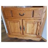 Large Oak Corner China/Sideboard Cabinet - Under Storage with 1 Silver Drawer - Lighted Top Section with Adjustable Glass Shelf and Leaded Glass Doors & Mirrored Back - 30in W x 30in L x 25in D from C