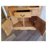 Large Oak Corner China/Sideboard Cabinet - Under Storage with 1 Silver Drawer - Lighted Top Section with Adjustable Glass Shelf and Leaded Glass Doors & Mirrored Back - 30in W x 30in L x 25in D from C