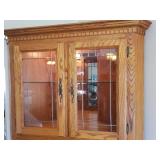 Large Oak Corner China/Sideboard Cabinet - Under Storage with 1 Silver Drawer - Lighted Top Section with Adjustable Glass Shelf and Leaded Glass Doors & Mirrored Back - 30in W x 30in L x 25in D from C