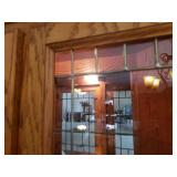 Large Oak Corner China/Sideboard Cabinet - Under Storage with 1 Silver Drawer - Lighted Top Section with Adjustable Glass Shelf and Leaded Glass Doors & Mirrored Back - 30in W x 30in L x 25in D from C