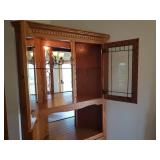 Large Oak Corner China/Sideboard Cabinet - Under Storage with 1 Silver Drawer - Lighted Top Section with Adjustable Glass Shelf and Leaded Glass Doors & Mirrored Back - 30in W x 30in L x 25in D from C