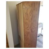 Large Oak Corner China/Sideboard Cabinet - Under Storage with 1 Silver Drawer - Lighted Top Section with Adjustable Glass Shelf and Leaded Glass Doors & Mirrored Back - 30in W x 30in L x 25in D from C