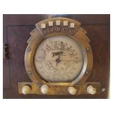 Antique Zenith Long Distance Electric Tube Radio - Model # 6-B-321 - Round Dial - Bakelite Knobs - Bent Wood Case - Sold by Swan Radio Service - 18in W x 9in D x 11.5in T - Powers on with Sound!