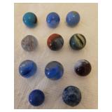 Collection of 11 Antique Blue Tone Small Size Glass Marbles