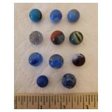 Collection of 11 Antique Blue Tone Small Size Glass Marbles