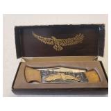 Vintage Eagle Lockback Hunting Knife - Brass Eagle & End Caps on Handle - Stamped HS297 - Etched Eagle on Blade - with Original Box - 7.5in L Open