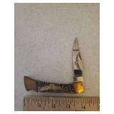 Vintage Eagle Lockback Hunting Knife - Brass Eagle & End Caps on Handle - Stamped HS297 - Etched Eagle on Blade - with Original Box - 7.5in L Open