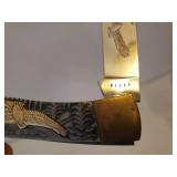 Vintage Eagle Lockback Hunting Knife - Brass Eagle & End Caps on Handle - Stamped HS297 - Etched Eagle on Blade - with Original Box - 7.5in L Open