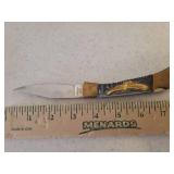 Vintage Eagle Lockback Hunting Knife - Brass Eagle & End Caps on Handle - Stamped HS297 - Etched Eagle on Blade - with Original Box - 7.5in L Open