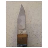 Vintage Eagle Lockback Hunting Knife - Brass Eagle & End Caps on Handle - Stamped HS297 - Etched Eagle on Blade - with Original Box - 7.5in L Open