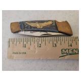 Vintage Eagle Lockback Hunting Knife - Brass Eagle & End Caps on Handle - Stamped HS297 - Etched Eagle on Blade - with Original Box - 7.5in L Open