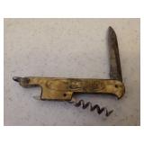 Vintage ELOSI Germany Watch Fob Single Blade Pocket Knife with Cork Screw - Pearl Celluloid Handle with Etching of the Tanger La Grande Mosquee in Morocco- 5.25in L Open