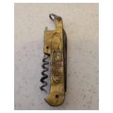 Vintage ELOSI Germany Watch Fob Single Blade Pocket Knife with Cork Screw - Pearl Celluloid Handle with Etching of the Tanger La Grande Mosquee in Morocco- 5.25in L Open