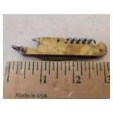 Vintage ELOSI Germany Watch Fob Single Blade Pocket Knife with Cork Screw - Pearl Celluloid Handle with Etching of the Tanger La Grande Mosquee in Morocco- 5.25in L Open