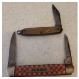 Vintage KUTMASTER Utica, New York - U.S.A. MADE - PURINA FEEDS 2 Blade Pocket Knife - 6.5in L Full Open, and Vintage Thornton USA Single Blade Watch Fob Pocket Knife with Bakelite Handle - 4in L Open