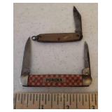 Vintage KUTMASTER Utica, New York - U.S.A. MADE - PURINA FEEDS 2 Blade Pocket Knife - 6.5in L Full Open, and Vintage Thornton USA Single Blade Watch Fob Pocket Knife with Bakelite Handle - 4in L Open