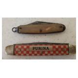 Vintage KUTMASTER Utica, New York - U.S.A. MADE - PURINA FEEDS 2 Blade Pocket Knife - 6.5in L Full Open, and Vintage Thornton USA Single Blade Watch Fob Pocket Knife with Bakelite Handle - 4in L Open