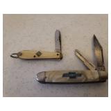 Vintage Hammer Brand Chevrolet Advertising Pocket Knife - Key Blade & Mother of Pearl Handles - 4.75in L, & Vintage SKELLY Single Blade Watch Fob Pocket Knife - Pearl Bakelite Handle - Stamped Both Si