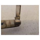 Vintage Hammer Brand Chevrolet Advertising Pocket Knife - Key Blade & Mother of Pearl Handles - 4.75in L, & Vintage SKELLY Single Blade Watch Fob Pocket Knife - Pearl Bakelite Handle - Stamped Both Si