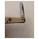 Vintage Hammer Brand Chevrolet Advertising Pocket Knife - Key Blade & Mother of Pearl Handles - 4.75in L, & Vintage SKELLY Single Blade Watch Fob Pocket Knife - Pearl Bakelite Handle - Stamped Both Si