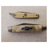 Vintage Hammer Brand Chevrolet Advertising Pocket Knife - Key Blade & Mother of Pearl Handles - 4.75in L, & Vintage SKELLY Single Blade Watch Fob Pocket Knife - Pearl Bakelite Handle - Stamped Both Si