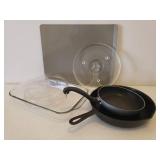 Vintage Cast Iron #8 Fire Ring Frying Pan, Pyrex 9 x 13 Baking Dish, AirBake Cookie Sheet Pan, Mini Microware Glass Tray, Farberware 8in Saute Pan, and Rival Crock Pot Lid