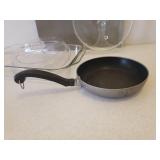 Vintage Cast Iron #8 Fire Ring Frying Pan, Pyrex 9 x 13 Baking Dish, AirBake Cookie Sheet Pan, Mini Microware Glass Tray, Farberware 8in Saute Pan, and Rival Crock Pot Lid