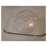 Vintage Cast Iron #8 Fire Ring Frying Pan, Pyrex 9 x 13 Baking Dish, AirBake Cookie Sheet Pan, Mini Microware Glass Tray, Farberware 8in Saute Pan, and Rival Crock Pot Lid