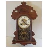 Antique 31 Day Key Wind Chime Pendulum Wall Clock in Ornate Walnut Case with Gold Embellished Glass Door - Includes Key - Back Stamped: Made by James F. Wilkerson