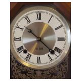 Antique 31 Day Key Wind Chime Pendulum Wall Clock in Ornate Walnut Case with Gold Embellished Glass Door - Includes Key - Back Stamped: Made by James F. Wilkerson