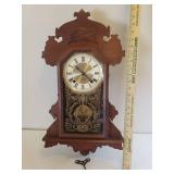 Antique 31 Day Key Wind Chime Pendulum Wall Clock in Ornate Walnut Case with Gold Embellished Glass Door - Includes Key - Back Stamped: Made by James F. Wilkerson