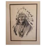 Vintage Signed Art Print of "Chief He Dog" By Bob Dale - Matted & Framed - 17.5in W x21.5in T