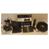 Philips Portable DVD Player, Motorola SURFboard, LINKSYS AC1200+ Router, and various Cables & Power Cords