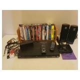 Toshiba DVD Player SD-4100, D-Link, Pair of JBL Speakers, Jawbone Jambox, Remotes, Various Connection and Power Cords, and Collection of Popular Movie DVDs with Rack