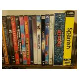 Toshiba DVD Player SD-4100, D-Link, Pair of JBL Speakers, Jawbone Jambox, Remotes, Various Connection and Power Cords, and Collection of Popular Movie DVDs with Rack