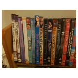 Toshiba DVD Player SD-4100, D-Link, Pair of JBL Speakers, Jawbone Jambox, Remotes, Various Connection and Power Cords, and Collection of Popular Movie DVDs with Rack