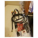 Toshiba DVD Player SD-4100, D-Link, Pair of JBL Speakers, Jawbone Jambox, Remotes, Various Connection and Power Cords, and Collection of Popular Movie DVDs with Rack