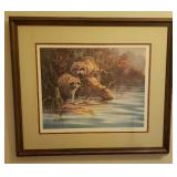 Artist Signed & Numbered Wildlife Print of Racoons at the River - by R. Carver - #58/950 - Custom Framed & Double Matted 26.25in W  x 22.5in T