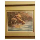 Artist Signed & Numbered Wildlife Print of Racoons at the River - by R. Carver - #58/950 - Custom Framed & Double Matted 26.25in W  x 22.5in T