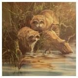 Artist Signed & Numbered Wildlife Print of Racoons at the River - by R. Carver - #58/950 - Custom Framed & Double Matted 26.25in W  x 22.5in T