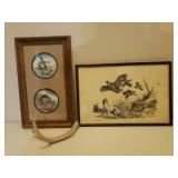 Vintage Framed Wildlife Prints - Black & White is Signed by Artists, and Deer Antler