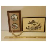 Vintage Framed Wildlife Prints - Black & White is Signed by Artists, and Deer Antler