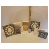 NIP Photo Album, Wedding Champagne Stems in Box, NIB Photo Frames, Baby/Pet Photo Frames, and Sterling & Noble B/O Wall Clock