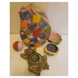 Local Artist Custom Folk Art Terra Cotta Sculpture Planters that fit together & form Urn Art Piece 9.75in T, Glazed Terra Cotta Rattle & Anthropomorphic Trinket Dish, Hand Painted Pottery Dresser Tray