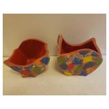 Local Artist Custom Folk Art Terra Cotta Sculpture Planters that fit together & form Urn Art Piece 9.75in T, Glazed Terra Cotta Rattle & Anthropomorphic Trinket Dish, Hand Painted Pottery Dresser Tray