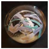 Vintage Michelle Kaptur Signed Art Glass Paperweight - Handblown Globe Shape with Multi-color Swirls & Bubbles - 3in W x 2.5in T